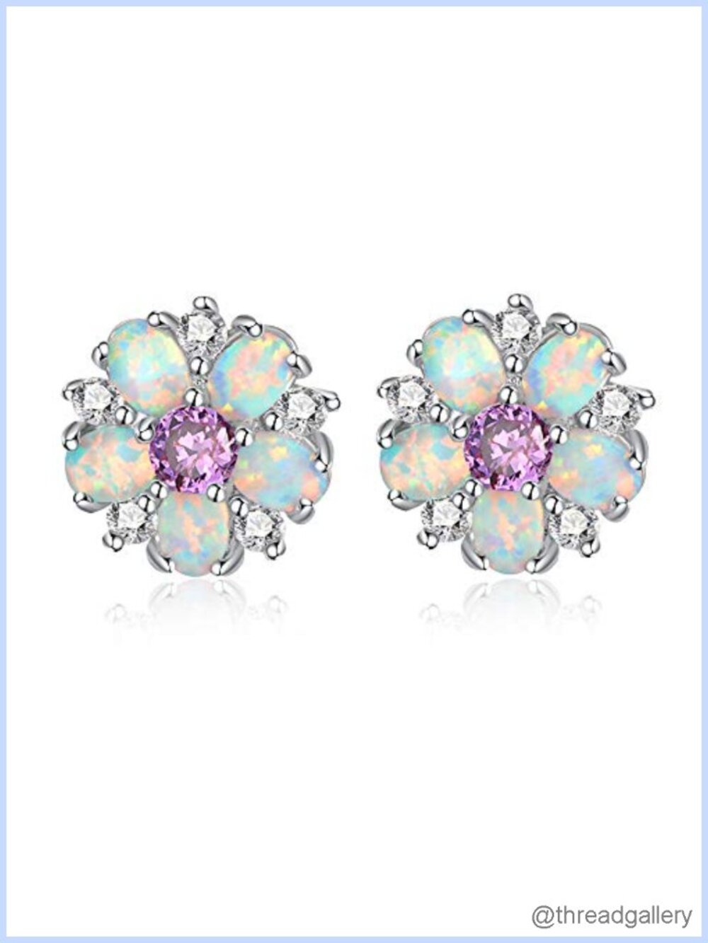 Flower Stud Earrings Sterling Silver Plated Created Opal Hypoallergenic